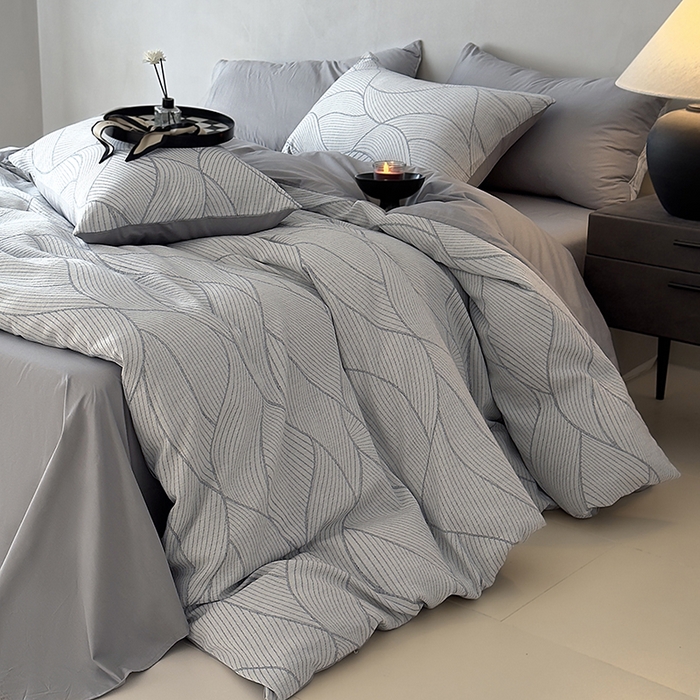 91家纺网 家纺一手货源 找家纺 琪格格纺织 2025新款全棉纯棉双层纱提花四件套 双层纱-雾切-灰