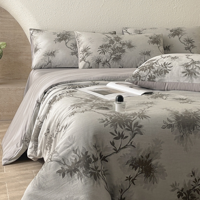 91家纺网 家纺一手货源 找家纺 琪格格纺织 2025新款全棉纯棉双层纱提花四件套 双层纱-南枝灰