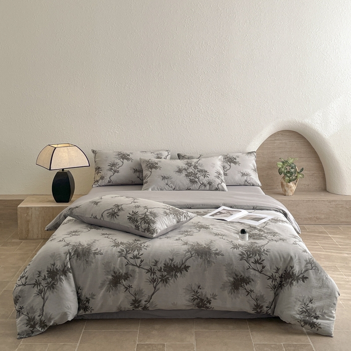 91家纺网 家纺一手货源 找家纺 琪格格纺织 2025新款全棉纯棉双层纱提花四件套 双层纱-南枝灰