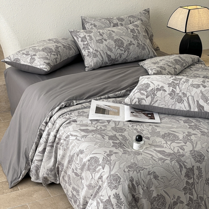 91家纺网 家纺一手货源 找家纺 琪格格纺织 2025新款全棉纯棉双层纱提花四件套 双层纱-洛丽塔灰