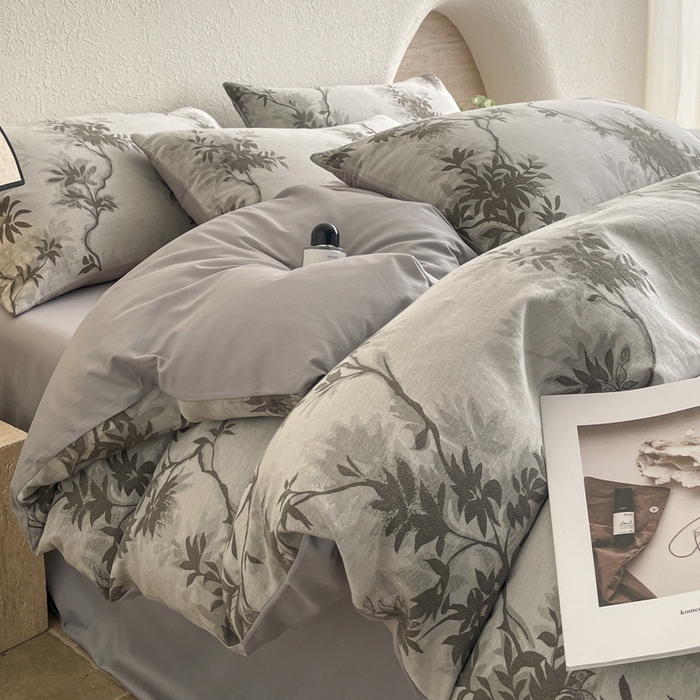 91家纺网 家纺一手货源 找家纺 琪格格纺织 2025新款全棉纯棉双层纱提花四件套 双层纱-南枝灰