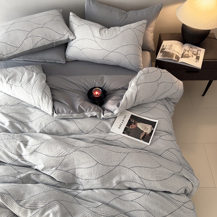 91家纺网 家纺一手货源 找家纺 琪格格纺织 2025新款全棉纯棉双层纱提花四件套 双层纱-雾切-灰