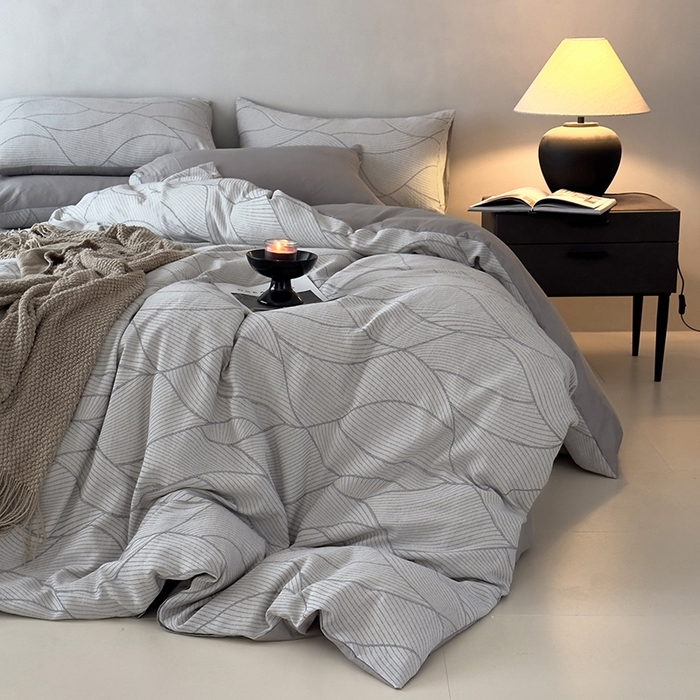 91家纺网 家纺一手货源 找家纺 琪格格纺织 2025新款全棉纯棉双层纱提花四件套 双层纱-雾切-灰