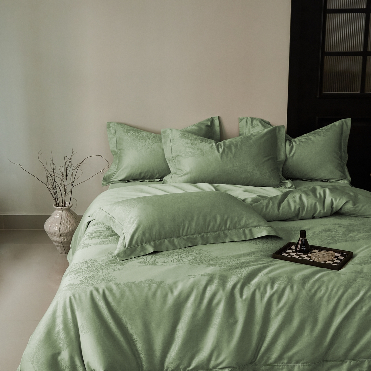 91家纺网 家纺一手货源 找家纺 顾家家居 2025新款亲肤舒适全棉纯棉提花四件套 铃兰屿--水漾绿