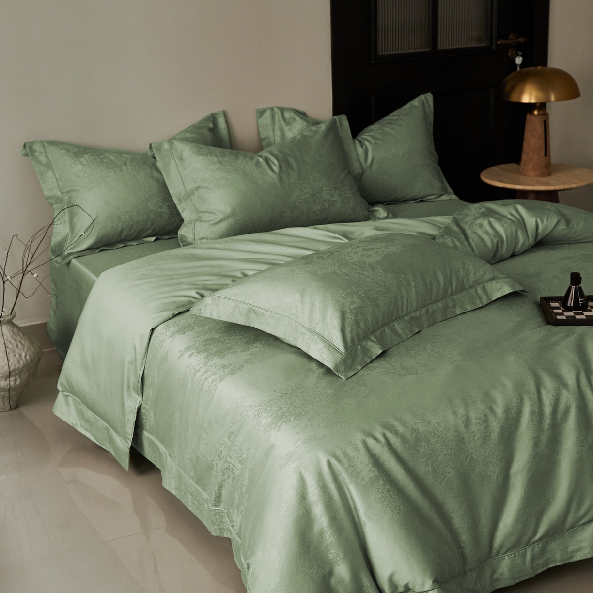 91家纺网 家纺一手货源 找家纺 顾家家居 2025新款亲肤舒适全棉纯棉提花四件套 铃兰屿--水漾绿