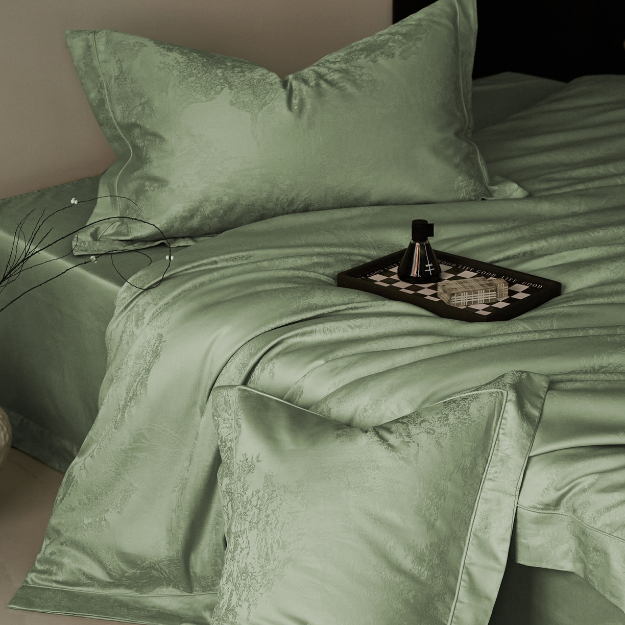 91家纺网 家纺一手货源 找家纺 顾家家居 2025新款亲肤舒适全棉纯棉提花四件套 铃兰屿--水漾绿