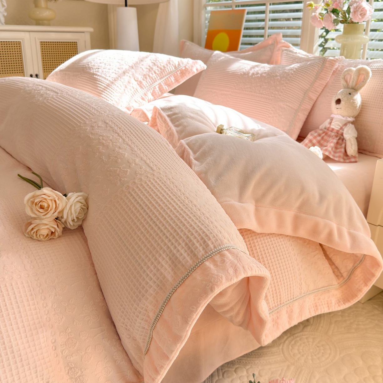艾唯希家纺 2025新款全消光雕花绒织带款四件套牛奶绒-雕花织带系列 玫瑰花语-粉