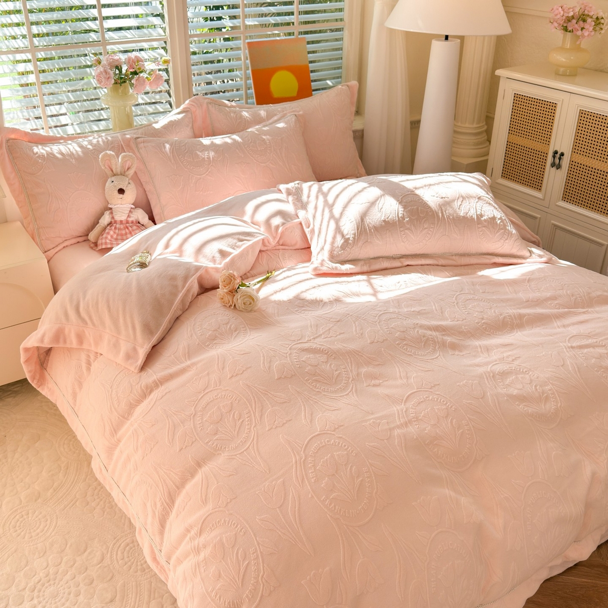 91家纺网 家纺一手货源 找家纺 艾唯希家纺 2025新款全消光雕花绒织带款四件套牛奶绒-雕花织带系列 郁金香-粉