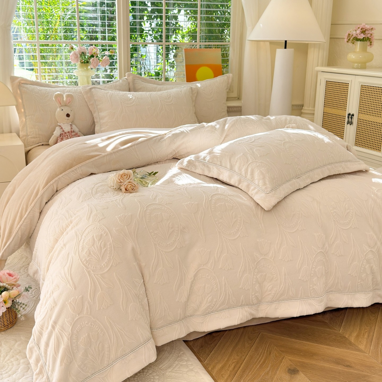 91家纺网 家纺一手货源 找家纺 艾唯希家纺 2025新款全消光雕花绒织带款四件套牛奶绒-雕花织带系列 郁金香-米色