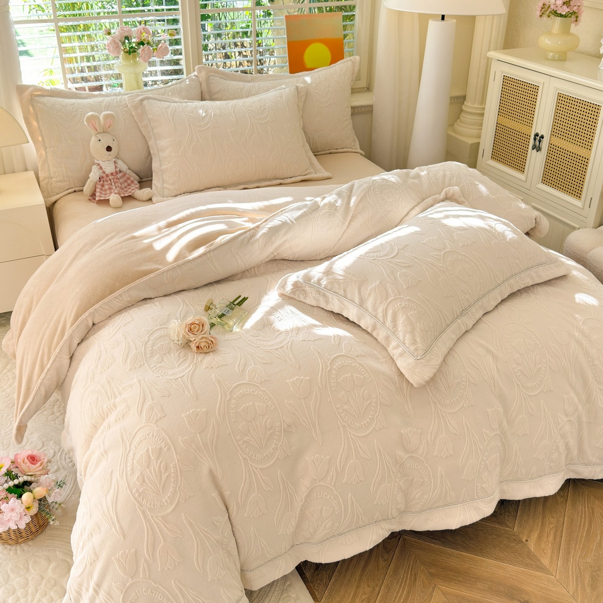 91家纺网 家纺一手货源 找家纺 艾唯希家纺 2025新款全消光雕花绒织带款四件套牛奶绒-雕花织带系列 郁金香-米色