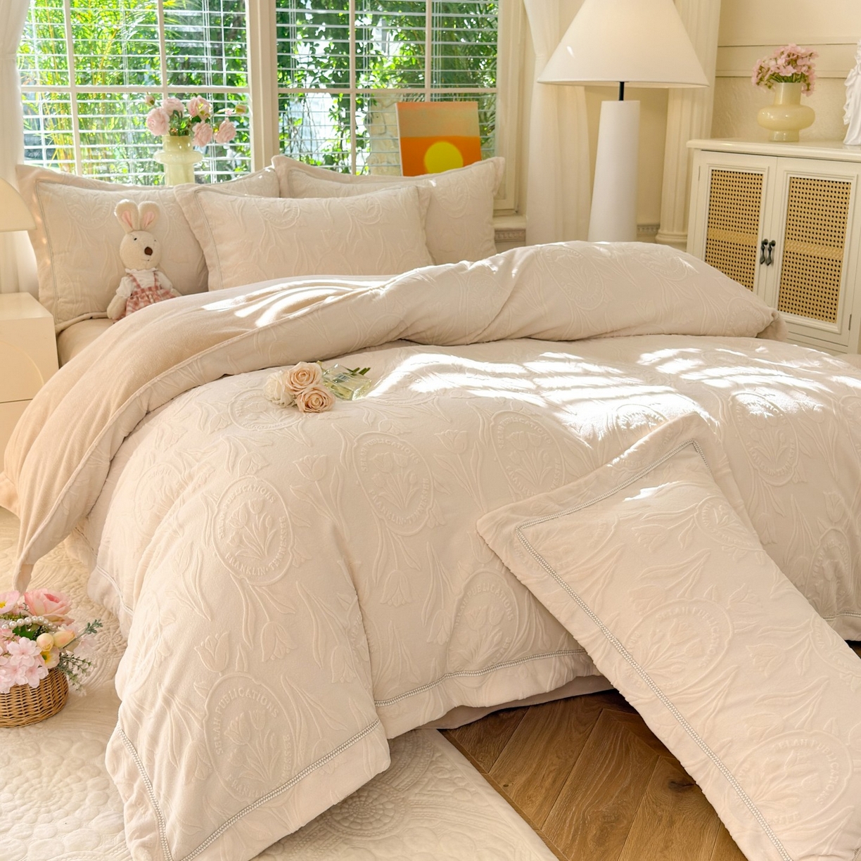 91家纺网 家纺一手货源 找家纺 艾唯希家纺 2025新款全消光雕花绒织带款四件套牛奶绒-雕花织带系列 郁金香-米色