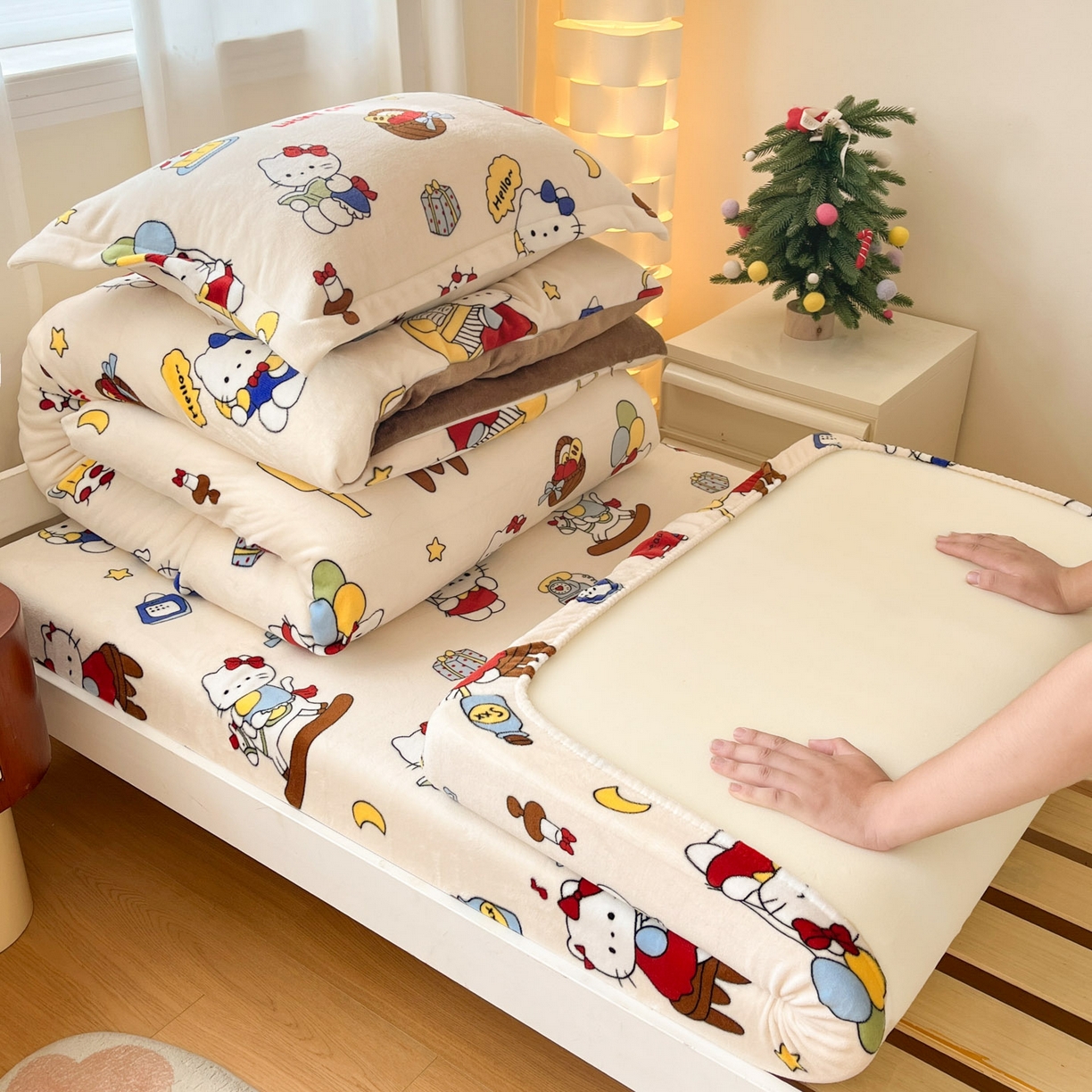 91家纺网 家纺一手货源 找家纺 寻米 2025新款高克重加厚保暖牛奶绒学生宿舍单床笠单件床笠 莫扎特小喵