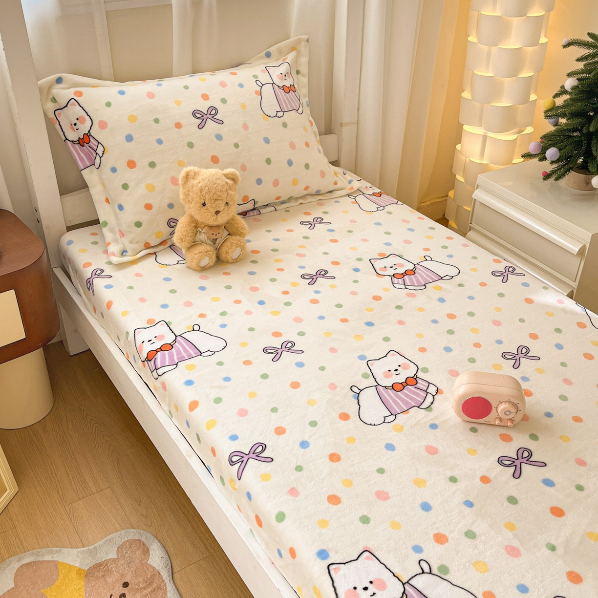 91家纺网 家纺一手货源 找家纺 寻米 2025新款高克重加厚保暖牛奶绒学生宿舍单床笠单件床笠 彩虹小狗