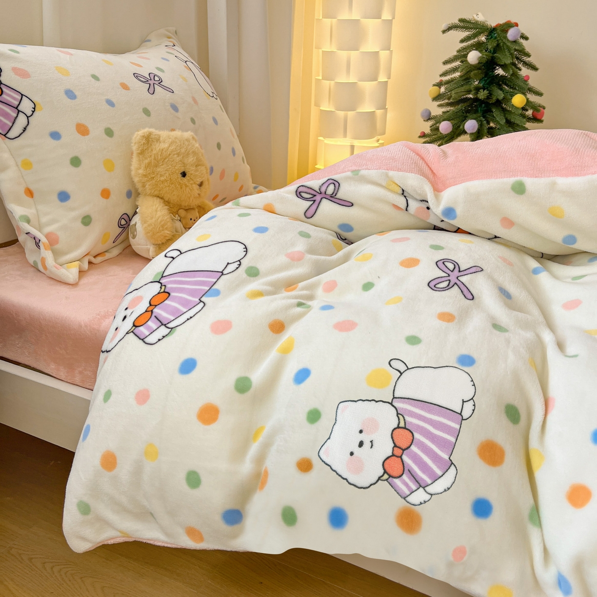 91家纺网 家纺一手货源 找家纺 寻米 2025新款高克重加厚保暖牛奶绒学生宿舍单床笠单件床笠 彩虹小狗