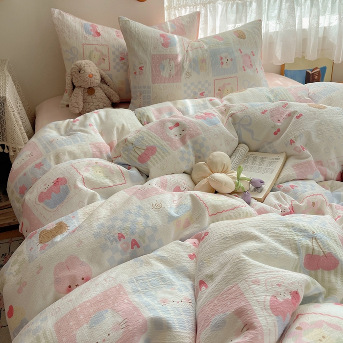 91家纺网 家纺一手货源 找家纺 铺尚美家纺 2025新款亲肤舒适A类云感双层纱印花小清新四件套（提供买家秀） 奶油块块