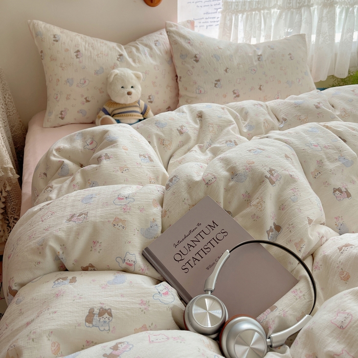 铺尚美家纺 2025新款亲肤舒适A类云感双层纱印花小清新四件套（提供买家秀） 晴天小猫