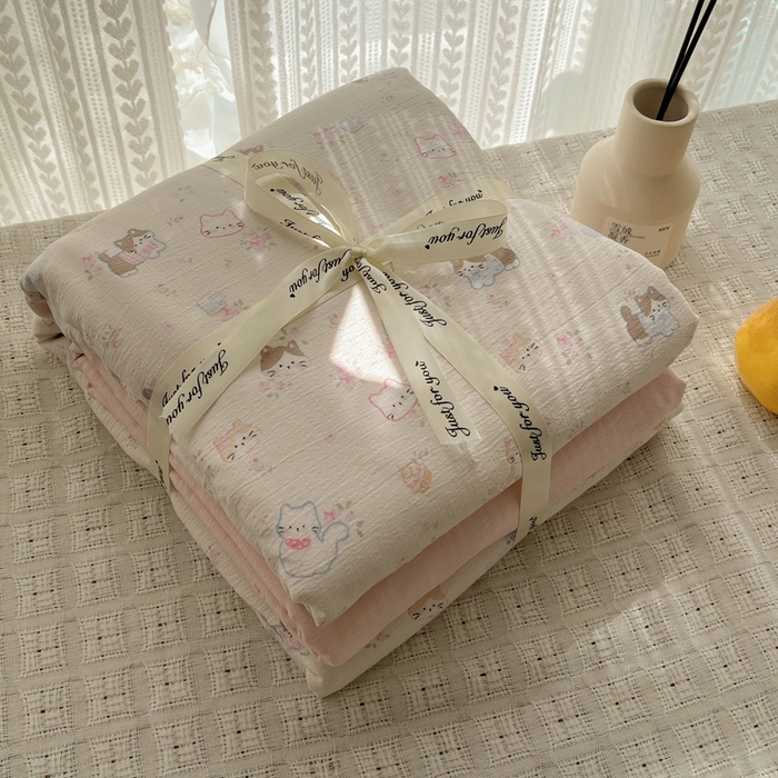 91家纺网 家纺一手货源 找家纺 铺尚美家纺 2025新款亲肤舒适A类云感双层纱印花小清新四件套（提供买家秀） 晴天小猫