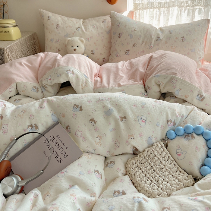 91家纺网 家纺一手货源 找家纺 铺尚美家纺 2025新款亲肤舒适A类云感双层纱印花小清新四件套（提供买家秀） 晴天小猫