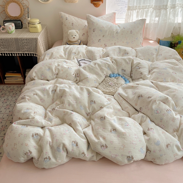 91家纺网 家纺一手货源 找家纺 铺尚美家纺 2025新款亲肤舒适A类云感双层纱印花小清新四件套（提供买家秀） 晴天小猫