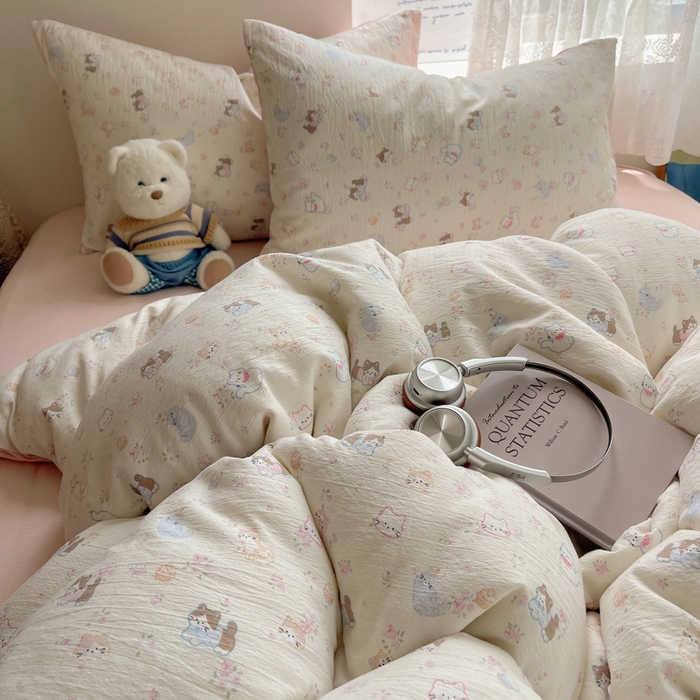 91家纺网 家纺一手货源 找家纺 铺尚美家纺 2025新款亲肤舒适A类云感双层纱印花小清新四件套（提供买家秀） 晴天小猫