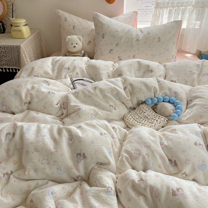 91家纺网 家纺一手货源 找家纺 铺尚美家纺 2025新款亲肤舒适A类云感双层纱印花小清新四件套（提供买家秀） 晴天小猫