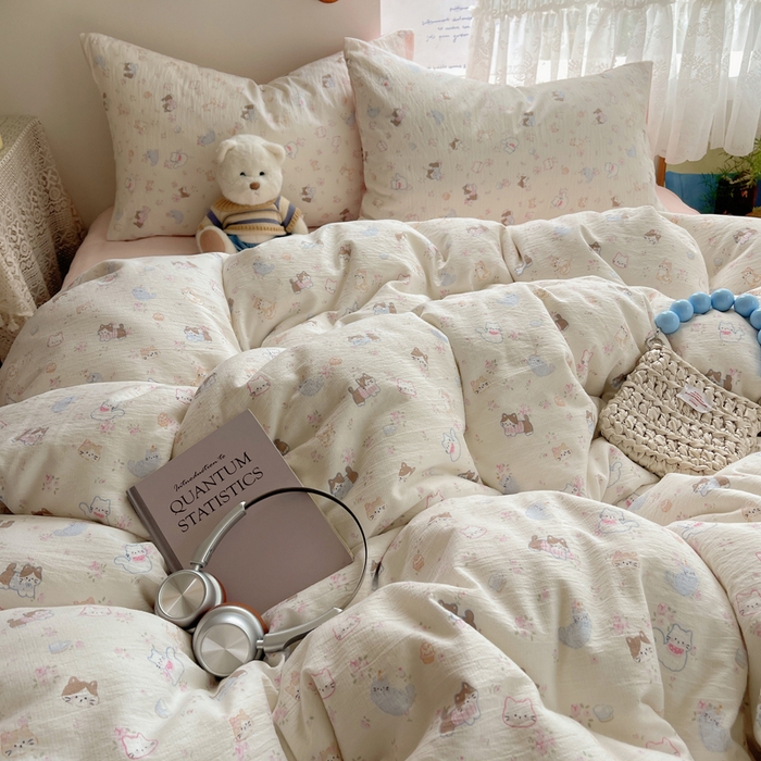 91家纺网 家纺一手货源 找家纺 铺尚美家纺 2025新款亲肤舒适A类云感双层纱印花小清新四件套（提供买家秀） 晴天小猫