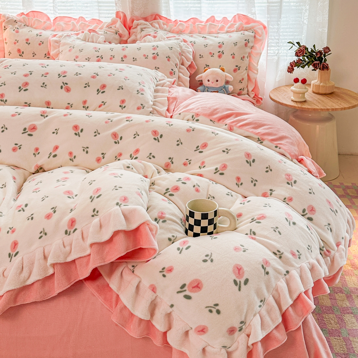 安哆啦家纺 2025新款小清新双层花边款高克重牛奶绒四件套 花意