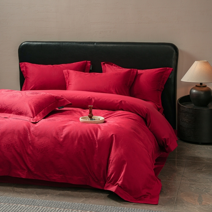 91家纺网 家纺一手货源 找家纺 （总）三味舒屋 2025新款全棉纯棉50S贡锻提花婚庆套件四件套-杏芙礼