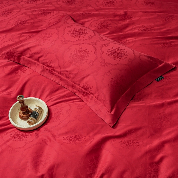 91家纺网 家纺一手货源 找家纺 （总）三味舒屋 2025新款全棉纯棉50S贡锻提花婚庆套件四件套-杏芙礼