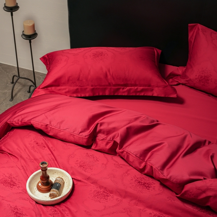 91家纺网 家纺一手货源 找家纺 （总）三味舒屋 2025新款全棉纯棉50S贡锻提花婚庆套件四件套-杏芙礼