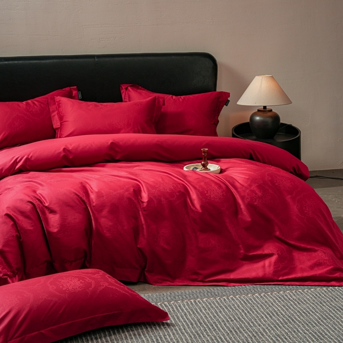 91家纺网 家纺一手货源 找家纺 （总）三味舒屋 2025新款全棉纯棉50S贡锻提花婚庆套件四件套-杏芙礼