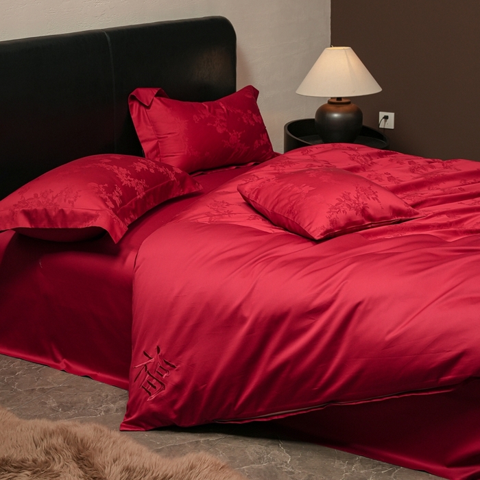 91家纺网 家纺一手货源 找家纺 （总）三味舒屋 2025新款全棉纯棉50S贡锻提花刺绣婚庆套件四件套-福喜满满