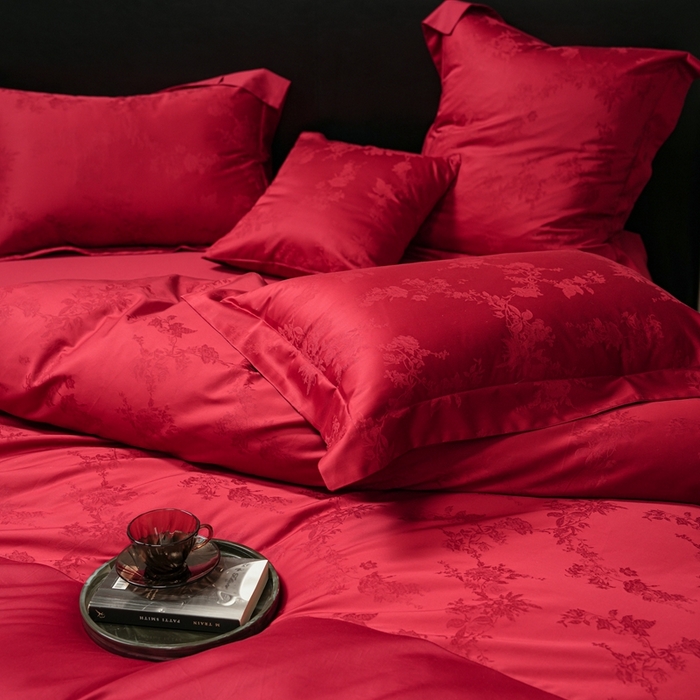 91家纺网 家纺一手货源 找家纺 （总）三味舒屋 2025新款全棉纯棉50S贡锻提花刺绣婚庆套件四件套-福喜满满