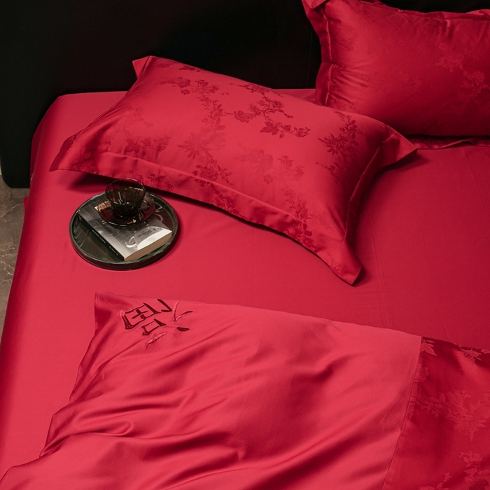 91家纺网 家纺一手货源 找家纺 （总）三味舒屋 2025新款全棉纯棉50S贡锻提花刺绣婚庆套件四件套-福喜满满