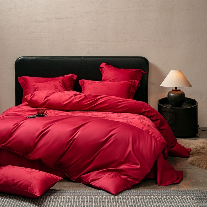 91家纺网 家纺一手货源 找家纺 （总）三味舒屋 2025新款全棉纯棉50S贡锻提花刺绣婚庆套件四件套-福喜满满