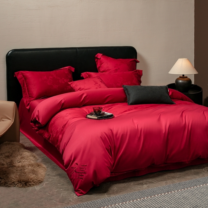 91家纺网 家纺一手货源 找家纺 （总）三味舒屋 2025新款全棉纯棉50S贡锻提花刺绣婚庆套件四件套-福喜满满