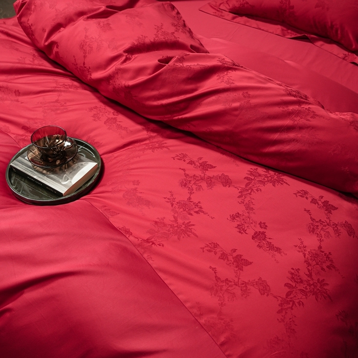 91家纺网 家纺一手货源 找家纺 （总）三味舒屋 2025新款全棉纯棉50S贡锻提花刺绣婚庆套件四件套-福喜满满