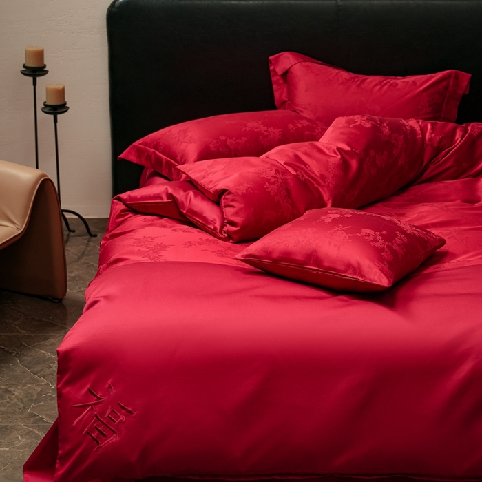 91家纺网 家纺一手货源 找家纺 （总）三味舒屋 2025新款全棉纯棉50S贡锻提花刺绣婚庆套件四件套-福喜满满