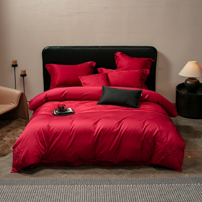 91家纺网 家纺一手货源 找家纺 （总）三味舒屋 2025新款全棉纯棉50S贡锻提花刺绣婚庆套件四件套-福喜满满