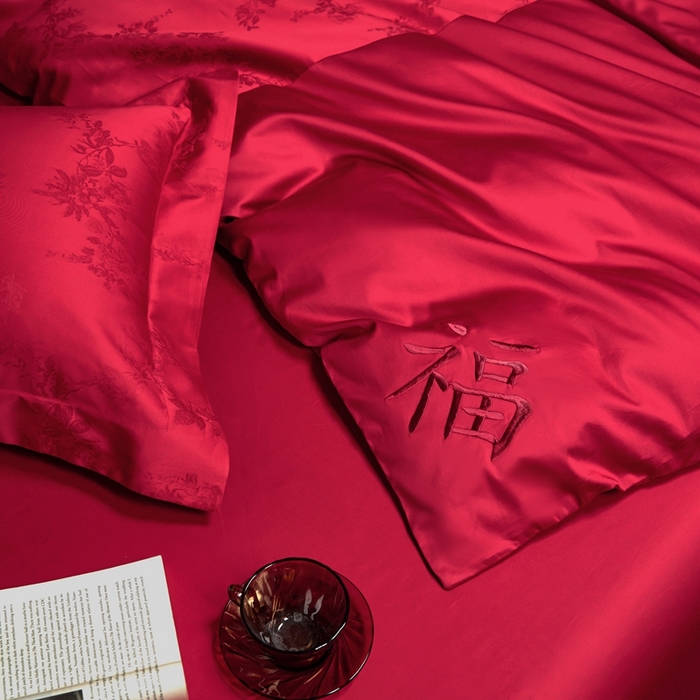 91家纺网 家纺一手货源 找家纺 （总）三味舒屋 2025新款全棉纯棉50S贡锻提花刺绣婚庆套件四件套-福喜满满