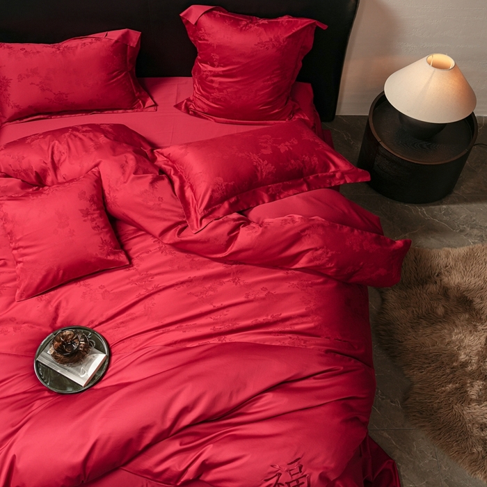 91家纺网 家纺一手货源 找家纺 （总）三味舒屋 2025新款全棉纯棉50S贡锻提花刺绣婚庆套件四件套-福喜满满