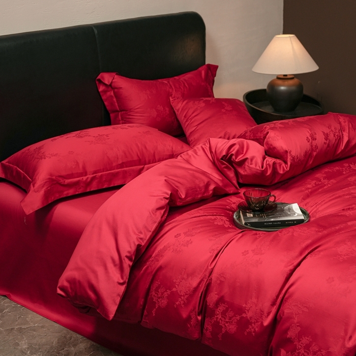 91家纺网 家纺一手货源 找家纺 （总）三味舒屋 2025新款全棉纯棉50S贡锻提花刺绣婚庆套件四件套-福喜满满