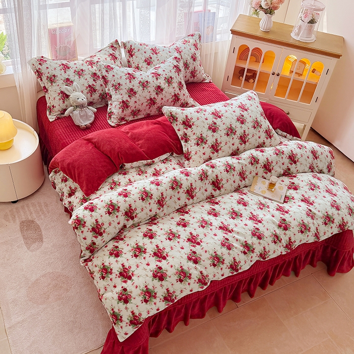 91家纺网 家纺一手货源 找家纺 梵克保罗 2025新款牛奶绒碎花床单床盖四件套-花妖款 梦落花香