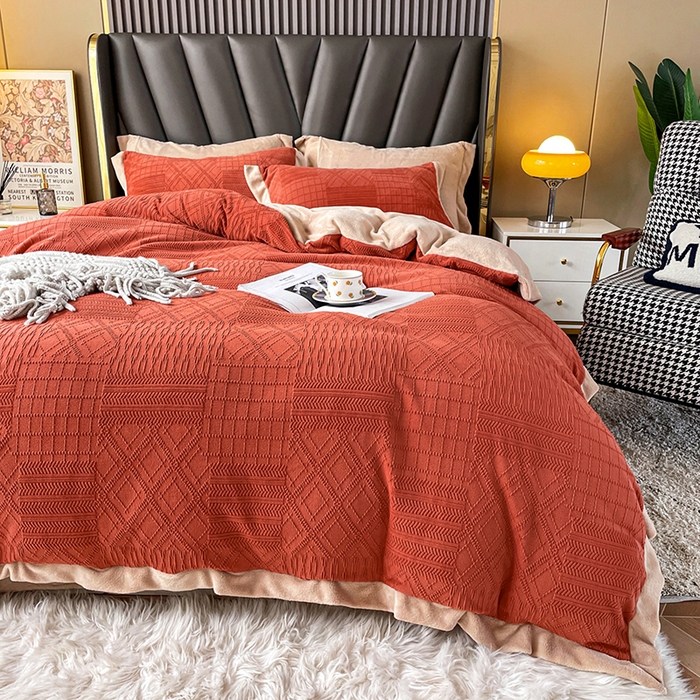 91家纺网 家纺一手货源 找家纺 梵克保罗 2025秋冬新款全消光拼角雕花绒牛奶绒四件套 安娜-奶油橙