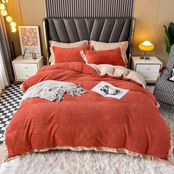 91家纺网 家纺一手货源 找家纺 梵克保罗 2025秋冬新款全消光拼角雕花绒牛奶绒四件套 安娜-奶油橙