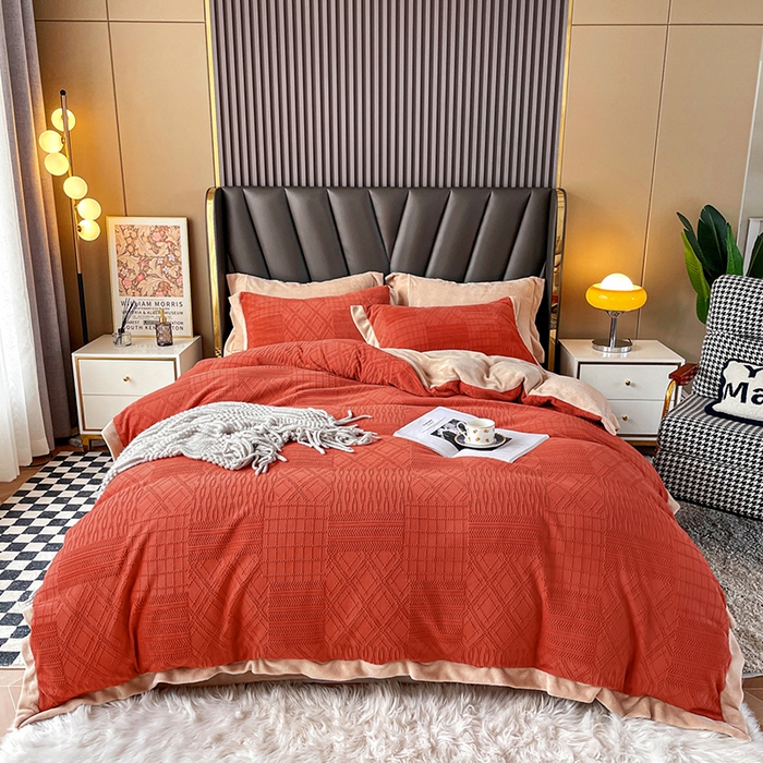 梵克保罗 2025秋冬新款全消光拼角雕花绒牛奶绒四件套 安娜-奶油橙