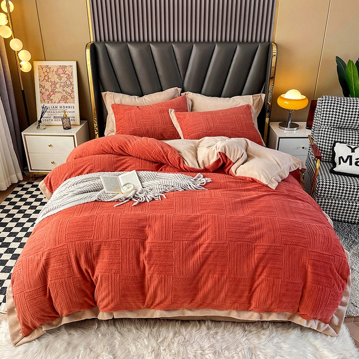 梵克保罗 2025秋冬新款全消光拼角雕花绒牛奶绒四件套 典雅-奶油橙