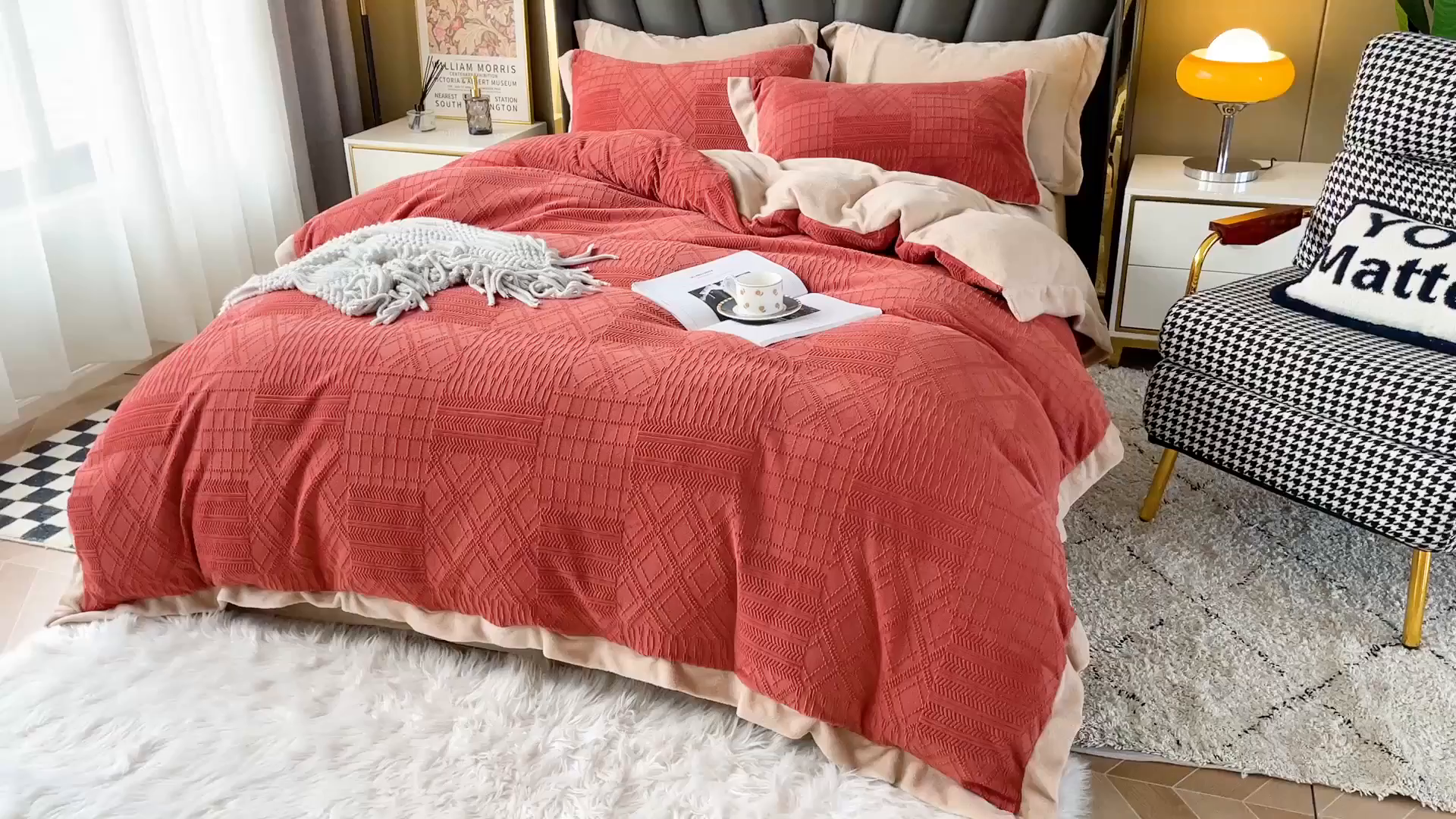 91家纺网 家纺一手货源 找家纺 梵克保罗 2025秋冬新款全消光拼角雕花绒牛奶绒四件套 安娜-奶油橙