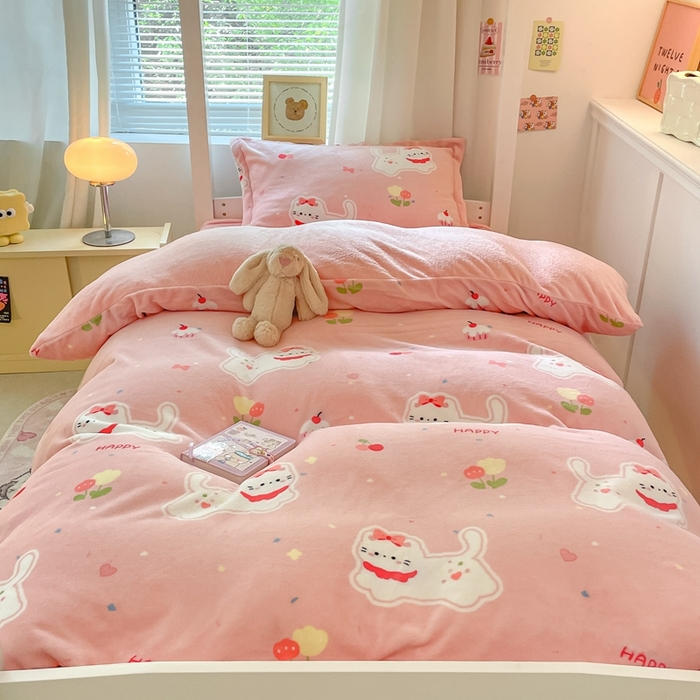 91家纺网 家纺一手货源 找家纺 寻米 2025新款高克重加厚保暖牛奶绒学生宿舍单床笠单件床笠系列二 甜味小猫