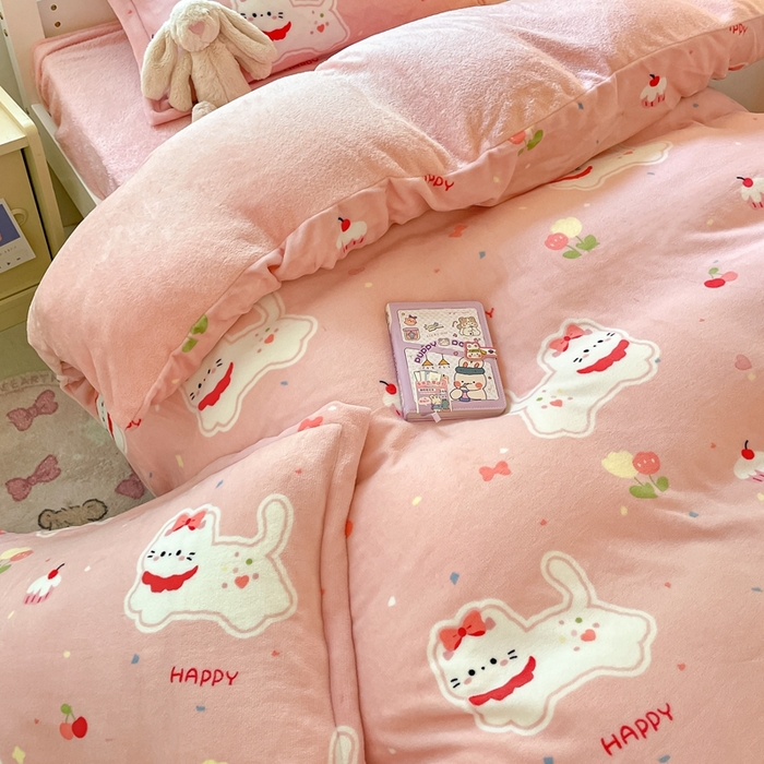 91家纺网 家纺一手货源 找家纺 寻米 2025新款高克重加厚保暖牛奶绒学生宿舍单床笠单件床笠系列二 甜味小猫
